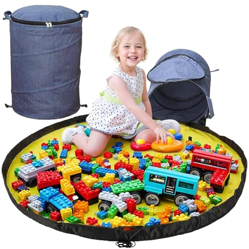 Lighterday Toy Storage Basket with Play Mat,Toy Storage Baskets with Lid Handle,34x42cm,Blue Fabric Toys Hamper Bin for Kids,Foldable Basket for Soft Bath Toy Clothes Stuffed Animal Storaging (Blue)