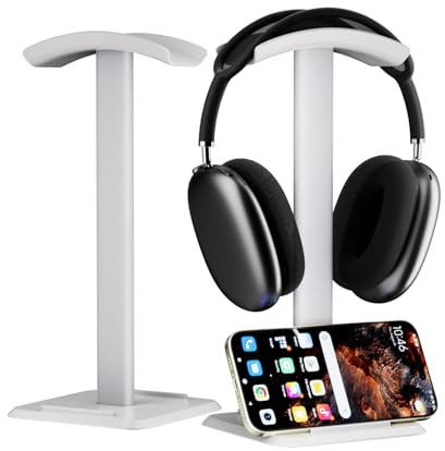 NQQNQQ【1PACK 2-in-1 Headphone Stand & Phone Holder – Aluminum Hanger, Plastic Headrest, Compatible with AirPods Max, Bose, Beats & More. TE-S (White)