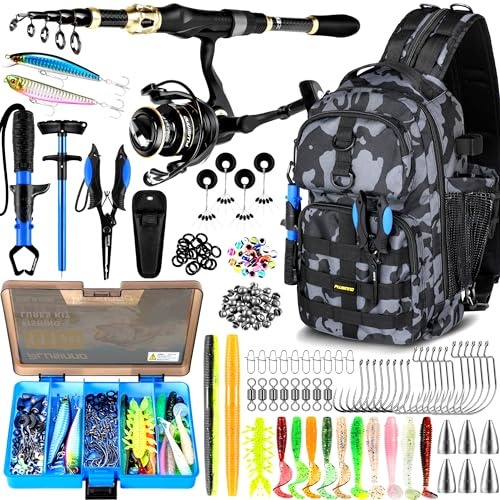 PLUSINNO Fishing Backpack with Fishing Rod &Tackle Boxes, Waterproof Sling Tackle Bag for Fish Gear with Rod Holder, Gifts for Men with Lures, Pliers, Fish Lip Gripper.