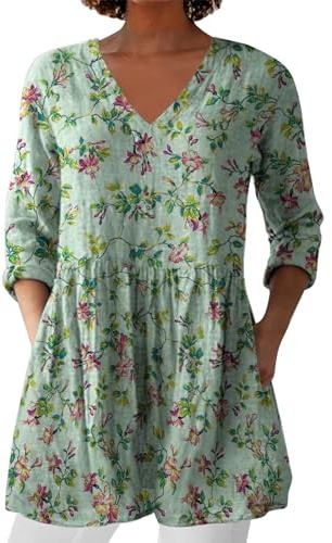 Linneblus Dam Elegant Lång V-ringning Bekväm Tunika Andningsaktiv Lättviktig Klassisk Överdimensionerad Blus Semester Enfärgad Mönster Toppar Kontor Mode Strand Vintage Stickade Tees, Grön, S
