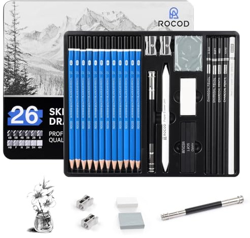 ROCOD Drawing Pencils 26 Pieces Sketching Pencils Set Profession Sketch Pencil Graphite Drafting Art Drawing Pencil for Artists Beginners Adults