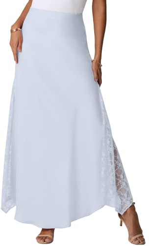 GRECERELLE Jupe longue d'été en satin pour femme, jupe en soie à taille haute, décontractée, avec fermeture éclair, pour fête, mariage, vacances, Bleu ciel, M