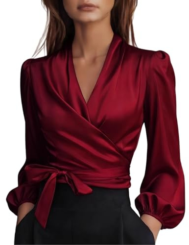 Blusas Mujer,Blusa Cruzada De Satén para Mujer con Lazo En La Cintura, Manga Larga Abullonada, Cuello En V, Elegante Blusa De Seda para Oficina, Negocios, Ropa De Trabajo Informal, Trajes De Primav