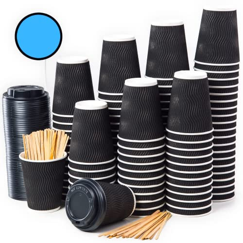 100 Schwarz Gewellt Pappebecher Coffee To Go 360 ml 12 Oz mit Deckel und Holz Rührstäbchen Zum Servieren von Kaffee, Tee, heißen und kalten Getränken