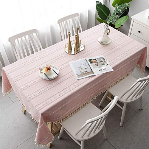 Pahajim Square Table Cloth Cotton Linen Tassel Wipe Clean Washable Tablecloth Wrinkle Freefor Kitchen, Dinning,Party Tabletop Decoration(Pink-Stripe, 55 x 55 inch)