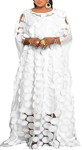 HD African Women Applique Flower Dress Boat Neck Chiffon Kaftan Dress One Size, White-dot, One Size