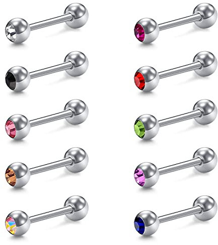 VCMART 10 Stück 14G Chirurgenstahl Zungenpiercing 12-18mm mit Kristall, Edelstahl, Kristall, Metall, Stahl