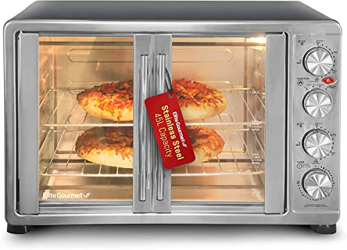 Elite Gourmet ETO4510B French Door 47.5Qt, 18-Slice Convection Oven 4-Control Knobs, Bake Broil Toast Rotisserie Keep Warm, Includes 2 x 14 Pizza Racks, Stainless Steel