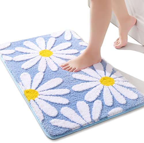 QJHOMO Blau Badezimmerteppich Niedliche Gänseblümchen Badematte rutschfest Waschbar Badteppich Weiße und Gelbe Blume Badvorleger Weiche Duschvorleger Absorbierende Badezimmer Teppich 40x60 cm