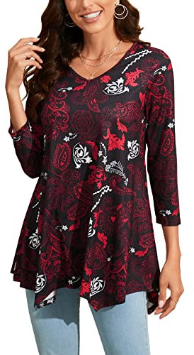 Enmain Womens Tunic Tops V Neck Ladies Long 3/4 Sleeve Tunics for Leggings Casual Pattern Print Hanky Hem T Shirt Blouse Swing Top,Red,XL