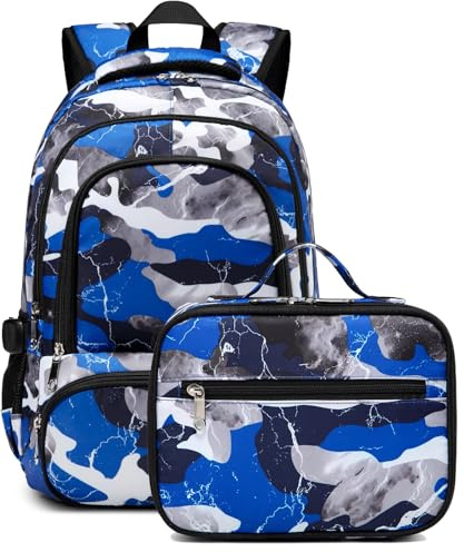 BLUEFAIRY Boys Backpack with Lunch Box for Kids Elementary Middle School Bags Set Child Book Bags Back to School Gifts Mochila Escolar para Niños Adolescentes Camo Blue
