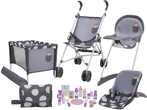 509 Crew 21 Piece Doll Stroll n Play & Care Combo Set, Doll Stroller, Doll Playard, Doll High Chair Set, Carry Cot, Diaper Bag, Feeding and Grooming Accessories, Ages 3+