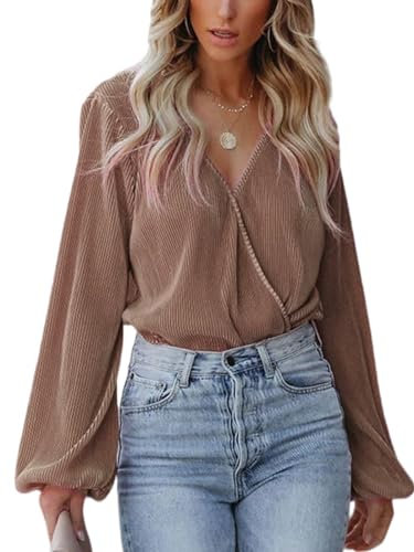 CUPSHE Camicette da donna con scollo a V, effetto avvolgente, a maniche lunghe, pieghe, a maniche, marrone, L