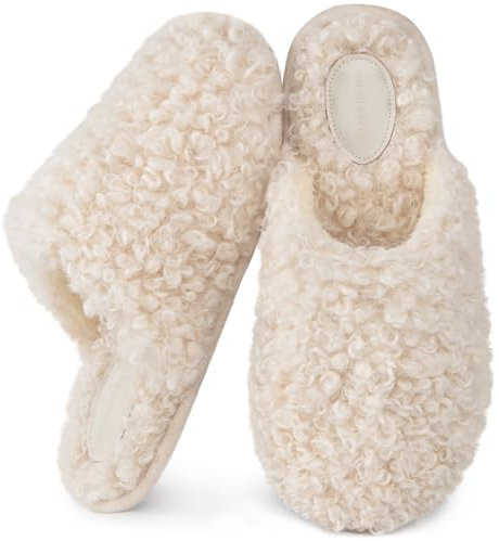 Snug Leaves Women's Scuff Slippers Furry Cute Curly Faux Wool Slip-on Indoor Memory Foam House Shoes Cream White, 9-10 US