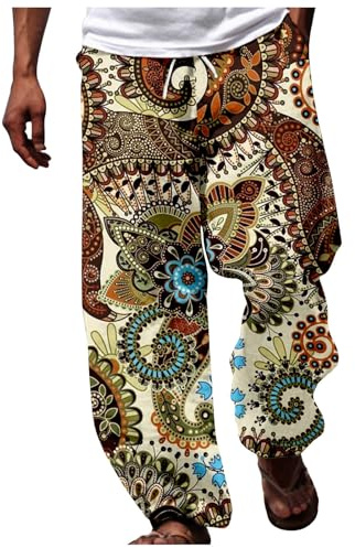 Pantalon traditionnel africain Dashiki pour homme, style décontracté, hawaïen, pour l'été, les vacances, l'Ankara, la plage, à fleurs, pour la chasse, beige, L