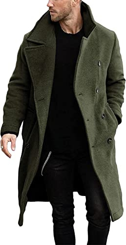 Runcati Men's Coat Regular Fit Trench Coat Long Lapel Double Breasted Wool Business Winter Jacket Peacoat Green M