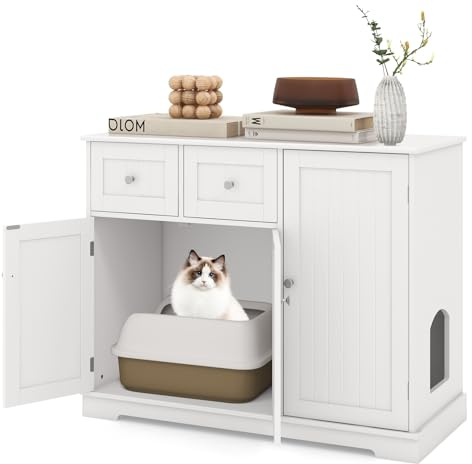 COSTWAY Kattskåp för kattlåda, kattlåda skåp med 2 lådor, 3 dörrar och entré, katthus, kattbyrå, sidobord, kattmöbler för inomhus, modernt, 100 x 45 x 80 cm, vitt