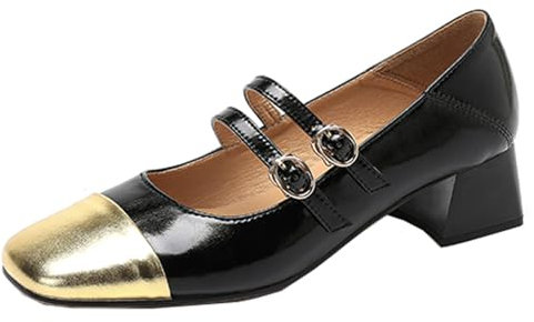 Cocey Womens Vintage Elegant Refined Color Block Chunky Heeled Bullet Pumps Black