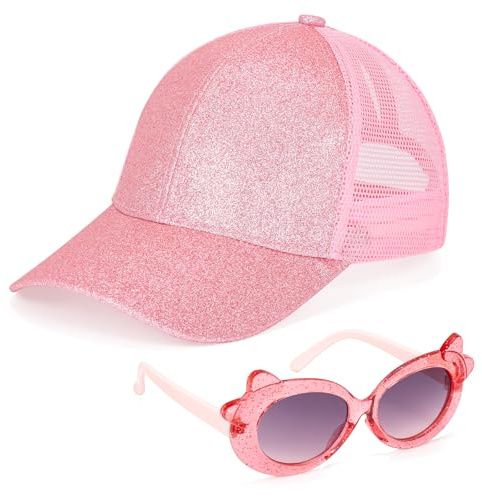 Cappellino da Baseball per Bambina, Cappello da Baseball con Coda di Cavallo Glitter e Occhiali da Sole Bambina, Cappelli da Sole a Rete Regolabile Berretto Estivo da Spiaggia con Visiera per Ragazze