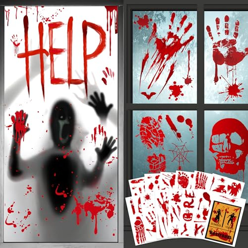 Moxled halloween dekoration skräck, blodigt handavtryck fönsterklistermärken, 2 uppsättningar halloween dörr fönsterbilder & 13 uppsättningar vägg golv klistermärken 91 st blodiga klistermärken för