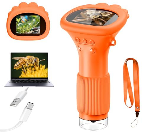 Acoath Mikroskop für Kinder, Digitales Mikroskop mit 2,0 IPS-Bildschirm Lupe 200x Vergrößerung, 8 LED Lights Handy Microscope USB Taschenmikroskop das Weihnachten - Orange