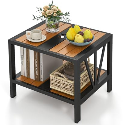KOMFOTTEU Gartentisch mit Schirmloch, rechteckiger Couchtisch mit 2 Ebenen aus Metall, Kleiner Balkontisch für Veranda, Hof, 52 x 46 x 45 cm