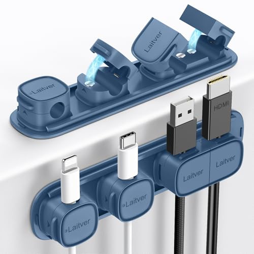 Cable Clips Holders - Laitver 6 Pack [Magnetic Buckle 1s Open/Lock] Cable Tidy Cord Organiser Management, No-Residue Strong Adhesive Desk Wire Charging Cords Keeper for Home, Office- Porcelain Blue