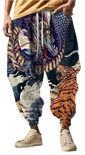 Herren Baggy Bedruckte Hippie-Hosen, Ethnischer Drache Anime 3D-Bedruckte Grafik-Hosen Baggy Trainingshose mit Druck Elastischer Bund Jogginghose Leicht Atmungsaktiv Yoga-Hosen, grau, M