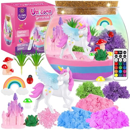 Kevsuvqin DIY Licorne Jouet Fille, Veilleuse licorne 13 Couleurs et Télécommande, Terrarium Enfant pour Cadeau Fille 4-12 Ans, Activité Manuelle Enfant comprend Château, Arc-en-ciel, Champignon