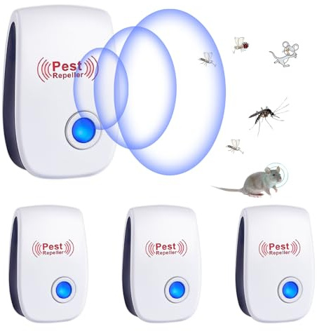 Repelente Ultrasónico de Plagas, 4 Pack Electrónico Repelente Mosquitos Insectos Control de Plagas,Repelente Ultrasónico Ratas para Interiores Anti Cucarachas, Moscas, Mosquitos, Ratones, Arañas