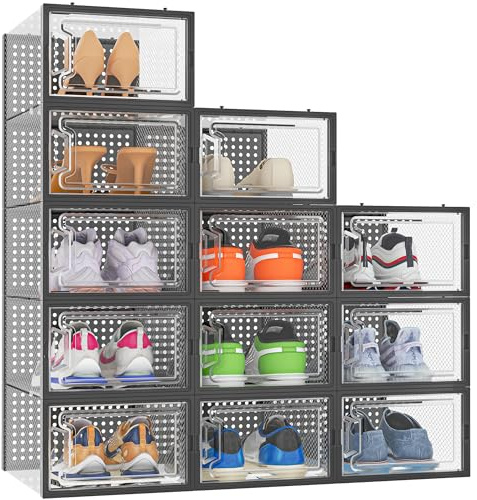 HOMIDEC Scatole per Scarpe,12 pcs Scatole Portascarpe in Plastica Trasparenti impilabili, Contenitori Portascarpe con Coperchi per donna/uomo, Nero