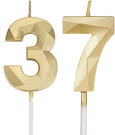 Velas de cumpleaños con números 37, velas de oro 3D para cumpleaños para pasteles, decoración de cumpleaños, velas de cumpleaños con números, velas de cumpleaños para niños para fiestas, bodas