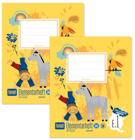 Forati Elementarhäfte E.1, 2 häften med övningsuppgifter, 14 ark vardera, förskolebok tillverkat av 100% återvunnet papper