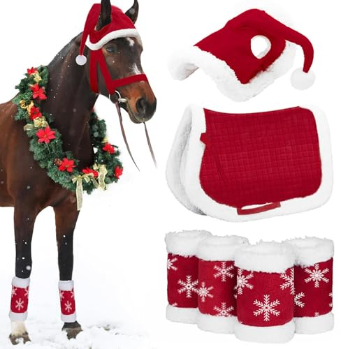 Disfraces navideños para Caballos, 6 Piezas/Juego de envolturas para piernas de Caballo de Papá Noel con Silla de Montar y Gorro de Papá Noel, Accesorios navideños para Caballos para Fiestas navideña