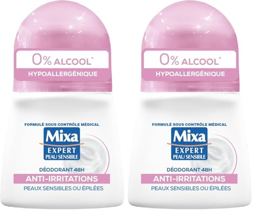 Mixa - Déodorant Bille - 48h Anti-Irritations - 0% alcool* - Hypoallergénique - Pour Apaiser Instantanément les Aisselles Sensibles ou Épilées et les Protéger Durablement (Lot de 2)