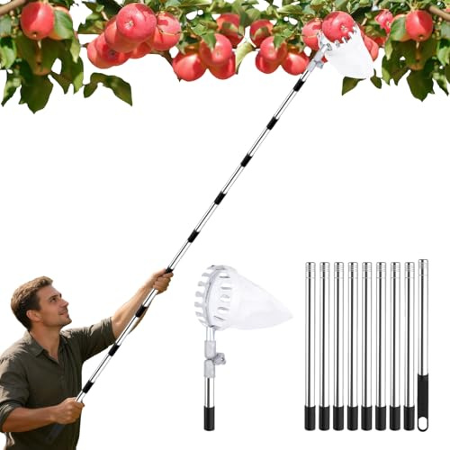 Garqitwan Recogedor de frutas con mango telescópico de 4,1 m, recogedor de manzanas con cabeza ajustable y bolsa de algodón, diámetro de 16 cm para cerezas, manzanas, ciruelas, peras, recogedor de