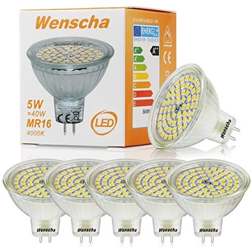Wenscha MR16 LED Bulbs 5W 12V GU5.3 LED Spotlight Bulbs 4000K 40W Equivalent Halogen LED Bulbs Natural White 600lm 120° Beam Angle NOT Dimmable Light Bulbs (Pack of 6)