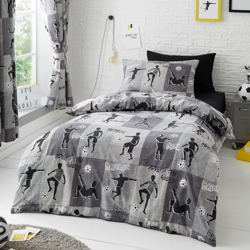Happy Linen Company Boys Girls Kids Freestyle Football Tricks Grey Charcoal Double Reversible Duvet Cover Bedding Set