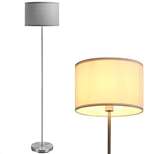 BAKAJI Lampada Piantana da Terra Luce Lampadina E27 Max 60W Base Rotonda in Metallo Cromato Paralume in Tessuto Design Moderno Accensione a Pedale Altezza 160cm (Grigio)