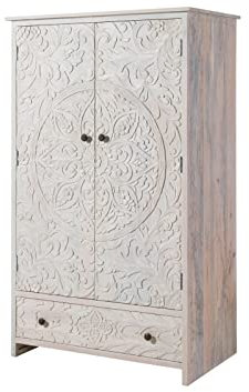 Kashmir Kleiderschrank Massivholz, Schlafzimmerschrank Mango -Holz massiv mit 2 Türen, 1 Schublade, 2 Kleiderstangen, orientalisch romantischer Holzschrank für Schlafzimmer