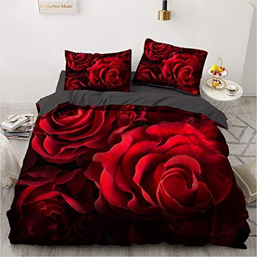 Luowei Bettwäsche 200x200cm Rot Rosen Aesthetic Blüten Bettwäsche-Set für Doppelbett Weiche Microfaser Bettbezug mit Reißverschluss und 2 Kissenbezüge 80 x 80 cm