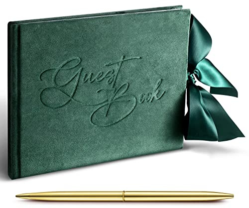 Panelee Wedding Guest Book with Pen Green Velvet Reception 144 Page Sign in Book Wedding Memory Papers Elegant Guestbook for Bridal Shower Party Guest Visitor