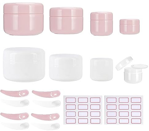 Cosmetic Sample Jars,8 Pcs Travel Pots for Toiletries 10ml/30ml/50ml/100ml Small Travel Cream Pots Containers Jars with Spatulas Tool and Labels for Cream,Make-up Sample Glitter Nail Art Storage
