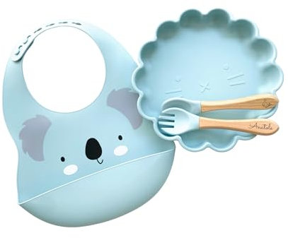 Set repas assiette ventouse + couverts pour enfant personnalisé | Cadeau de Bapteme naissance | Cadeau enfant et bébé | Kit Coffret Diner (Bleu ciel)