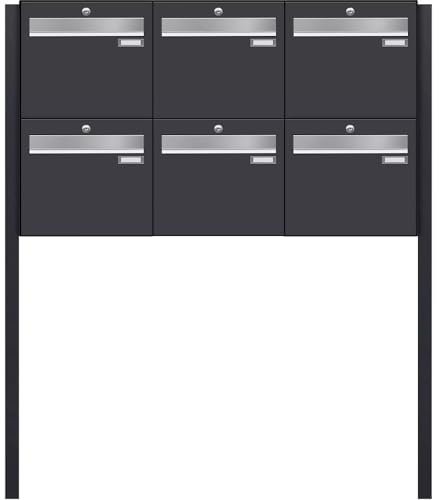 Frabox Briefkastenanlage 6fach Briefkasten freistehend XXL groß Standbriefkasten RAL 7016 Postkasten anthrazit-grau modern 6 Parteien Mehrfamilienhaus Gewerbe ohne Zeitungsfach Made in Germany LUIS