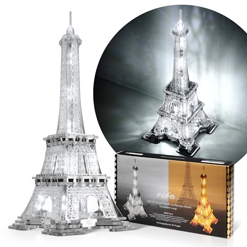 FUNPOLA LED 3D Puzzle Eiffel Tower Building Model - 3D Architecture Building Model - Landmark of Paris at Night - 3D Acrylic Puzzle Décor Lamp DIY Ornament Nightlight(Standard,Silver)