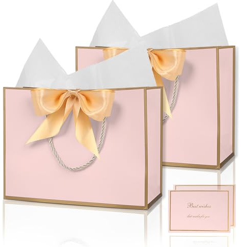 Sacchetti Regalo per Compleanno, con Nastro e Biglietti di Auguri, 28 x 20 x 10 cm, con Manico, Grandi per Matrimoni e Feste (Rosa)