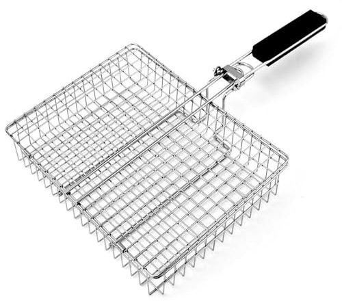 Vikbar grillkorg för fisk och grönsaker, rostfritt stålnät med avtagbart handtag, perfekt för rostning, komplett med förvaringsväska