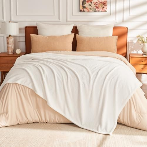 EMME Fleece Blanket Throw Blanket, Sherpa Fluffy Flannel Blanket, Soft Warm Cozy Throw Blankets for Bed, Couch, Sofa, Armchairs, Picnic, Cream, 130 x 150cm