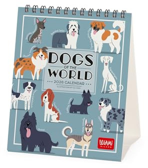 Legami - Calendrier de Table 2026, Dogs Of The World, Calendrier de Bureau, 12 Mois et Planificateur Annuel, en Anglais, Signes du Zodiaque, Fêtes Internationales, 12 X 14.5 Cm